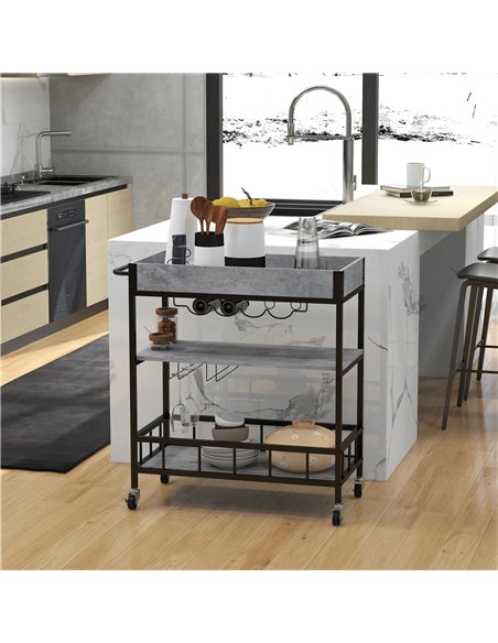 HOMCOM 3-Tier Kitchen Cart, Kitchen Island with Storage Shelves, Removable Tray, Wine Racks, Glass Holders, Faux Marbled Grey 80 - pic 59255 | FastDaddyshop