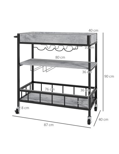 HOMCOM 3-Tier Kitchen Cart, Kitchen Island with Storage Shelves, Removable Tray, Wine Racks, Glass Holders, Faux Marbled Grey 80