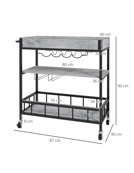 HOMCOM 3-Tier Kitchen Cart, Kitchen Island with Storage Shelves, Removable Tray, Wine Racks, Glass Holders, Faux Marbled Grey 80 - pic 59256 | FastDaddyshop