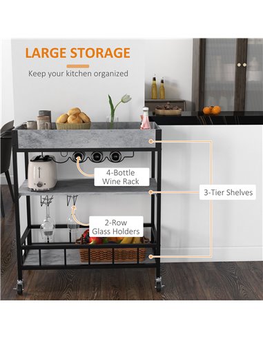 HOMCOM 3-Tier Kitchen Cart, Kitchen Island with Storage Shelves, Removable Tray, Wine Racks, Glass Holders, Faux Marbled Grey 80