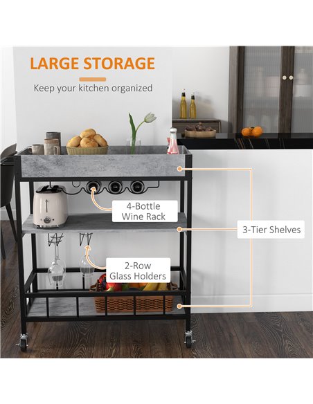 HOMCOM 3-Tier Kitchen Cart, Kitchen Island with Storage Shelves, Removable Tray, Wine Racks, Glass Holders, Faux Marbled Grey 80 - pic 59257 | FastDaddyshop