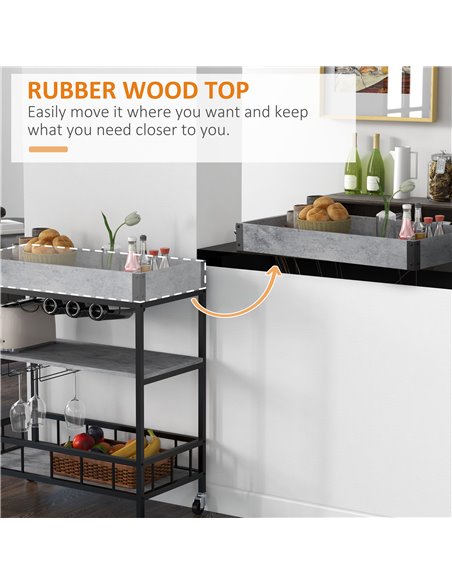HOMCOM 3-Tier Kitchen Cart, Kitchen Island with Storage Shelves, Removable Tray, Wine Racks, Glass Holders, Faux Marbled Grey 80 - pic 59258 | FastDaddyshop