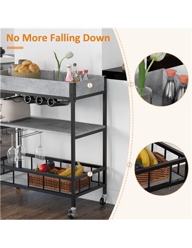 HOMCOM 3-Tier Kitchen Cart, Kitchen Island with Storage Shelves, Removable Tray, Wine Racks, Glass Holders, Faux Marbled Grey 80