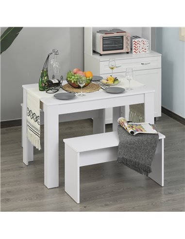 HOMCOM Kitchen Dining Table and 2 Benches Set, Table and Chairs Set for Limited Space, White 835-257