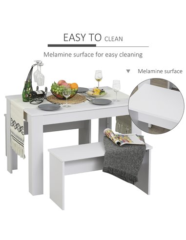 HOMCOM Kitchen Dining Table and 2 Benches Set, Table and Chairs Set for Limited Space, White 835-257