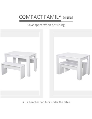 HOMCOM Kitchen Dining Table and 2 Benches Set, Table and Chairs Set for Limited Space, White 835-257