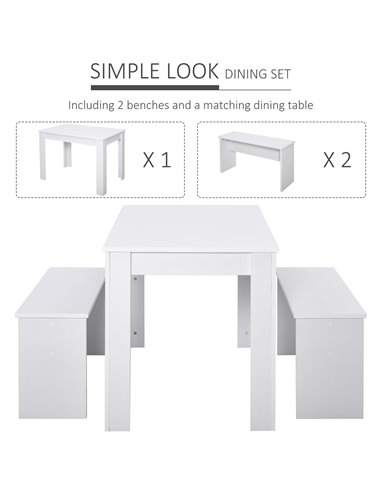 HOMCOM Kitchen Dining Table and 2 Benches Set, Table and Chairs Set for Limited Space, White 835-257