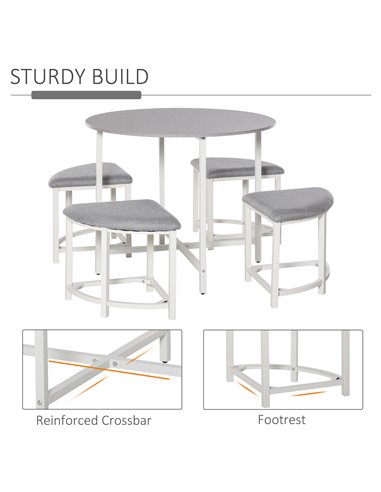 HOMCOM Modern Round Dining Table Set with 4 Upholstered Stools for Dining Room, Kitchen, Dinette 835-340
