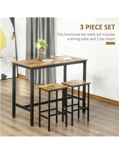 HOMCOM Industrial Bar Table Set, Breakfast Table with 2 Stools, 3-Piece Counter Height Dining Table & Chairs for Kitchen, Living