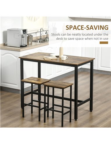 HOMCOM Industrial Bar Table Set, Breakfast Table with 2 Stools, 3-Piece Counter Height Dining Table & Chairs for Kitchen, Living