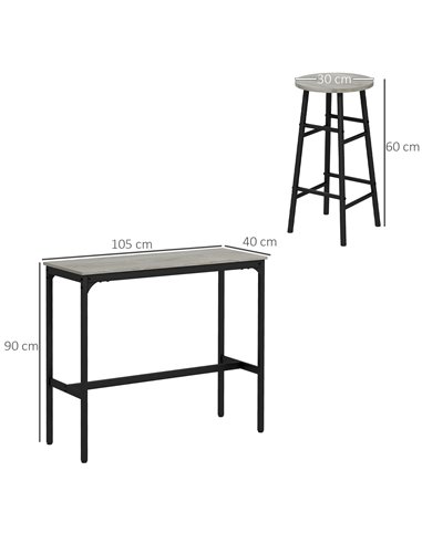 HOMCOM 3 Piece Bar Table Set with 2 Stools, Industrial Bar Table and Stool Set, Dining Table and Chair Set for Small Space, Grey