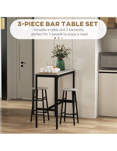 HOMCOM 3 Piece Bar Table Set with 2 Stools, Industrial Bar Table and Stool Set, Dining Table and Chair Set for Small Space, Grey