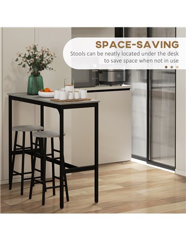 HOMCOM 3 Piece Bar Table Set with 2 Stools, Industrial Bar Table and Stool Set, Dining Table and Chair Set for Small Space, Grey