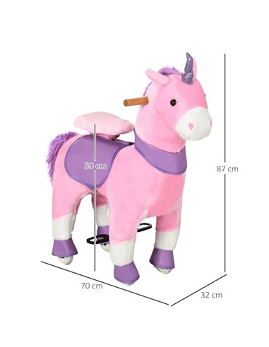 HOMCOM Ride On Unicorn Walking Horse Toy with Wheels Mechanical Rocking Pony Gift for 3-6 Years Girls Boys Pink