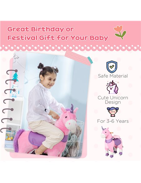 HOMCOM Ride On Unicorn Walking Horse Toy with Wheels Mechanical Rocking Pony Gift for 3-6 Years Girls Boys Pink - pic 5947 | FastDaddyshop
