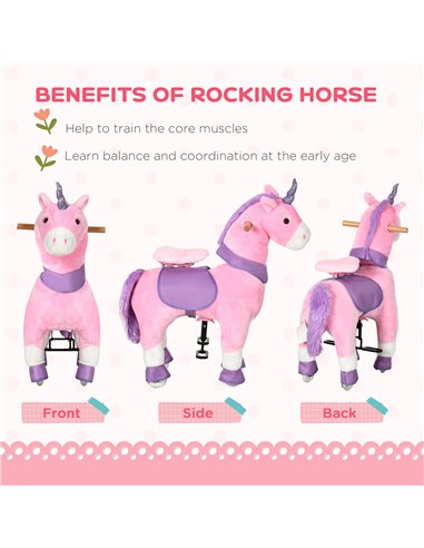 HOMCOM Ride On Unicorn Walking Horse Toy with Wheels Mechanical Rocking Pony Gift for 3-6 Years Girls Boys Pink