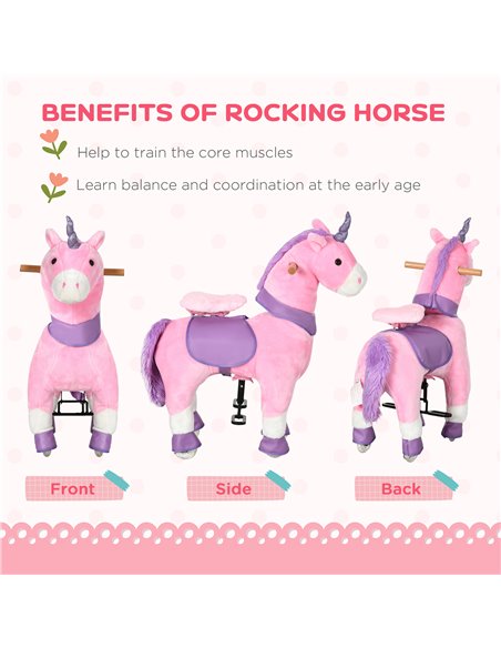 HOMCOM Ride On Unicorn Walking Horse Toy with Wheels Mechanical Rocking Pony Gift for 3-6 Years Girls Boys Pink - pic 5949 | FastDaddyshop