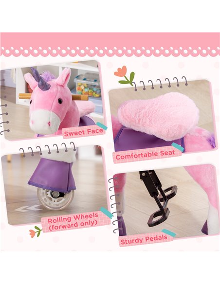 HOMCOM Ride On Unicorn Walking Horse Toy with Wheels Mechanical Rocking Pony Gift for 3-6 Years Girls Boys Pink - pic 5950 | FastDaddyshop