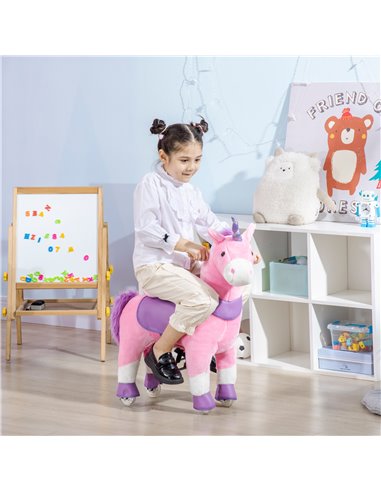 HOMCOM Ride On Unicorn Walking Horse Toy with Wheels Mechanical Rocking Pony Gift for 3-6 Years Girls Boys Pink