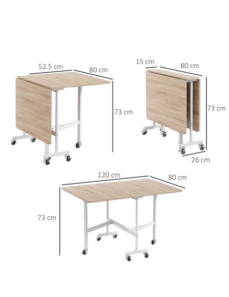 HOMCOM Drop Leaf Table, Folding Dining Table with Metal Frame, Rolling Kitchen Dining Table for Small Spaces, 120cm, Nature Wood - pic 59535 | FastDaddyshop
