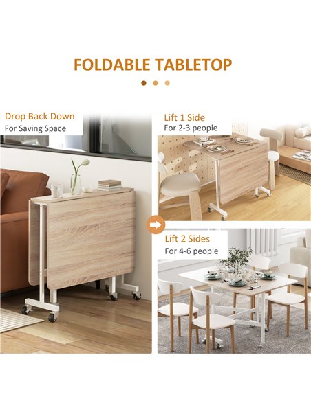HOMCOM Drop Leaf Table, Folding Dining Table with Metal Frame, Rolling Kitchen Dining Table for Small Spaces, 120cm, Nature Wood - pic 59537 | FastDaddyshop