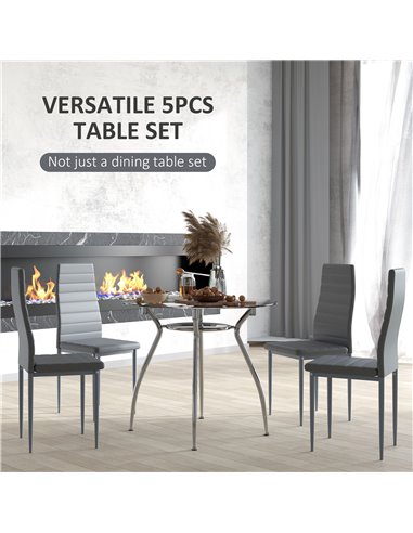 HOMCOM Dining Table Set for 4, Round Kitchen Table and Chairs, Glass Dining Room Table and PU Leather Upholstered Chairs 835-033