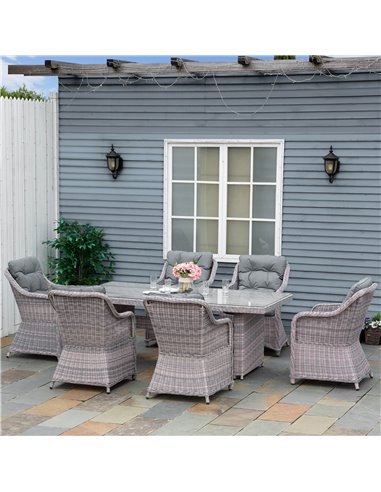 Outsunny 7 PCS Outdoor PE Rattan Dining Table Set, Patio Wicker Aluminium Chair Furniture w/ Tempered Glass Table Top, Grey 861-