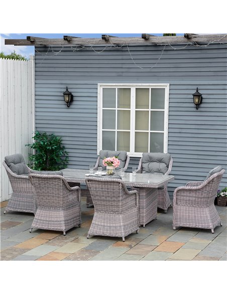 Outsunny 7 PCS Outdoor PE Rattan Dining Table Set, Patio Wicker Aluminium Chair Furniture w/ Tempered Glass Table Top, Grey 861- - pic 59579 | FastDaddyshop