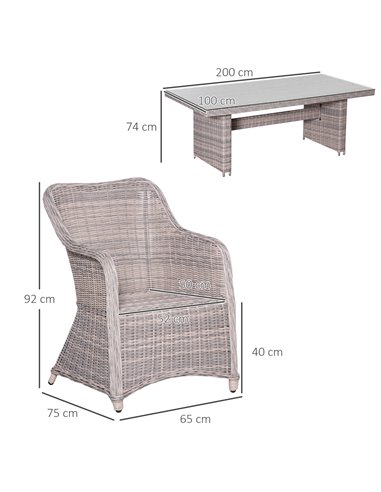 Outsunny 7 PCS Outdoor PE Rattan Dining Table Set, Patio Wicker Aluminium Chair Furniture w/ Tempered Glass Table Top, Grey 861-