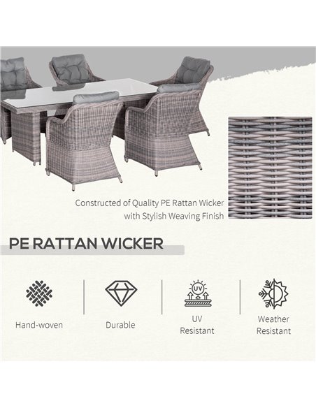 Outsunny 7 PCS Outdoor PE Rattan Dining Table Set, Patio Wicker Aluminium Chair Furniture w/ Tempered Glass Table Top, Grey 861- - pic 59581 | FastDaddyshop