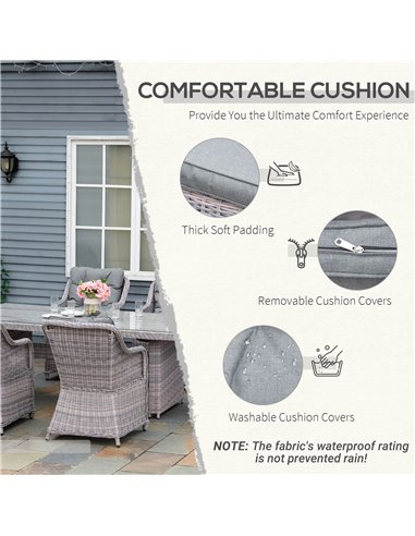 Outsunny 7 PCS Outdoor PE Rattan Dining Table Set, Patio Wicker Aluminium Chair Furniture w/ Tempered Glass Table Top, Grey 861-