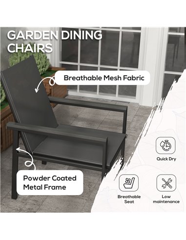 Outsunny 5 Pieces Garden Dining Set with Glass Top Dining Table, Outdoor Umbrella Hole Table and 4 Armchairs w/ Breathable Mesh 