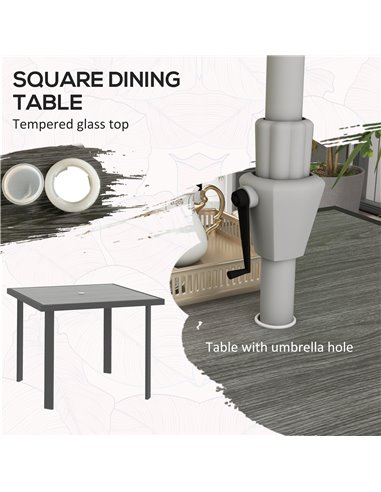 Outsunny 5 Pieces Garden Dining Set with Glass Top Dining Table, Outdoor Umbrella Hole Table and 4 Armchairs w/ Breathable Mesh 