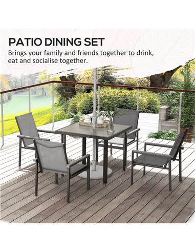 Outsunny 5 Pieces Garden Dining Set with Glass Top Dining Table, Outdoor Umbrella Hole Table and 4 Armchairs w/ Breathable Mesh 