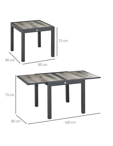 Outsunny Extending Garden Table, Outdoor Dining Table for 6, Aluminium Frame Patio Table w/ Plastic Board Tabletop,80/160L x 80W