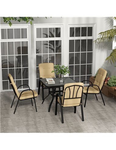 Outsunny 5 Pieces Outdoor Square Garden Dining Set w/ Tempered Glass Dining Table 4 Cushioned Armchairs, Umbrella Hole, Beige 84