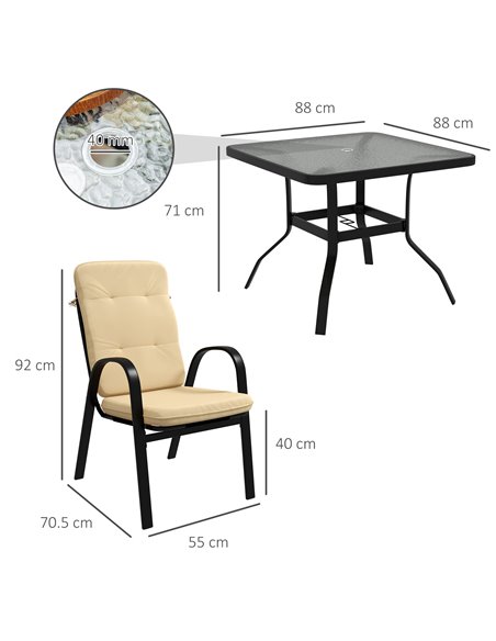 Outsunny 5 Pieces Outdoor Square Garden Dining Set w/ Tempered Glass Dining Table 4 Cushioned Armchairs, Umbrella Hole, Beige 84 - pic 59643 | FastDaddyshop