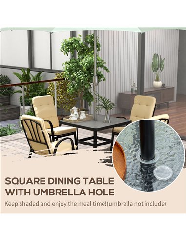 Outsunny 5 Pieces Outdoor Square Garden Dining Set w/ Tempered Glass Dining Table 4 Cushioned Armchairs, Umbrella Hole, Beige 84