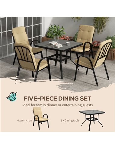 Outsunny 5 Pieces Outdoor Square Garden Dining Set w/ Tempered Glass Dining Table 4 Cushioned Armchairs, Umbrella Hole, Beige 84