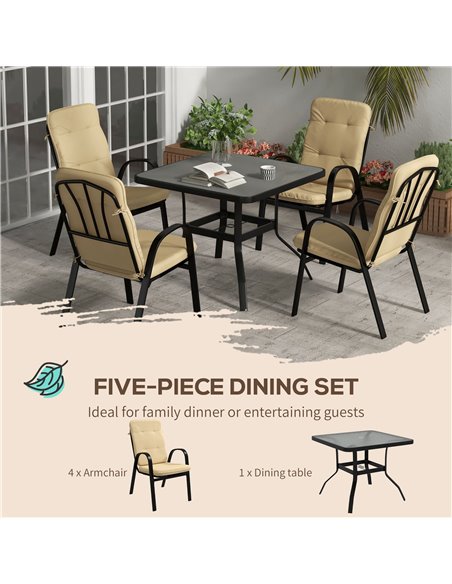 Outsunny 5 Pieces Outdoor Square Garden Dining Set w/ Tempered Glass Dining Table 4 Cushioned Armchairs, Umbrella Hole, Beige 84 - pic 59646 | FastDaddyshop