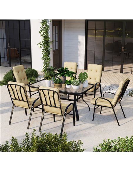 Outsunny 7 Piece Garden Dining Set, Outdoor Dining Table and 6 Cushioned Armchairs, Tempered Glass Top Table w/ Umbrella Hole, T - pic 59651 | FastDaddyshop