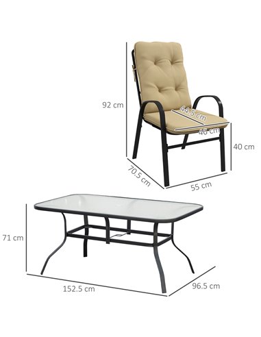 Outsunny 7 Piece Garden Dining Set, Outdoor Dining Table and 6 Cushioned Armchairs, Tempered Glass Top Table w/ Umbrella Hole, T