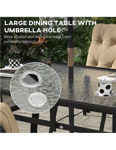 Outsunny 7 Piece Garden Dining Set, Outdoor Dining Table and 6 Cushioned Armchairs, Tempered Glass Top Table w/ Umbrella Hole, T