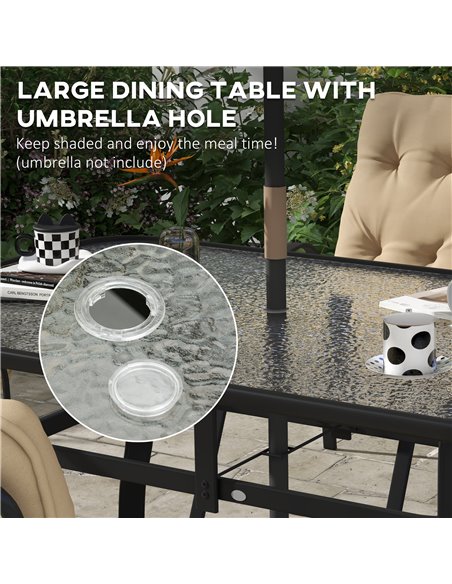 Outsunny 7 Piece Garden Dining Set, Outdoor Dining Table and 6 Cushioned Armchairs, Tempered Glass Top Table w/ Umbrella Hole, T - pic 59653 | FastDaddyshop