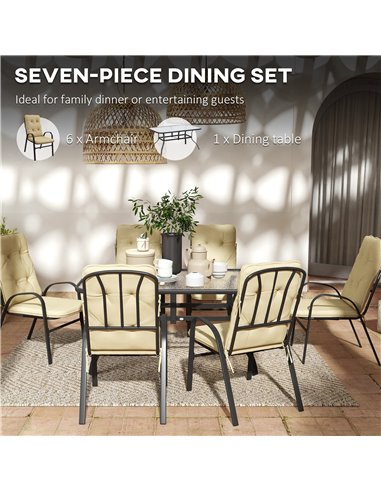 Outsunny 7 Piece Garden Dining Set, Outdoor Dining Table and 6 Cushioned Armchairs, Tempered Glass Top Table w/ Umbrella Hole, T