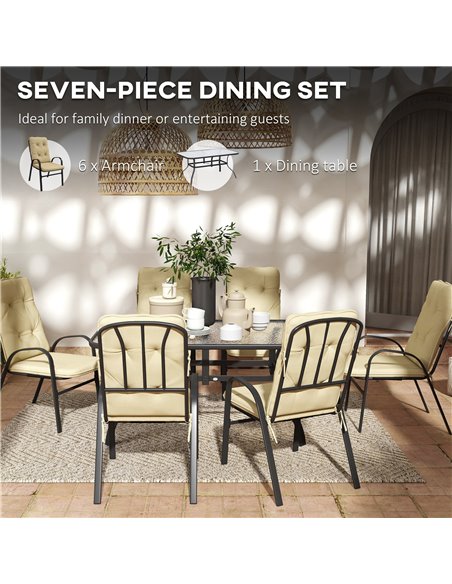 Outsunny 7 Piece Garden Dining Set, Outdoor Dining Table and 6 Cushioned Armchairs, Tempered Glass Top Table w/ Umbrella Hole, T - pic 59654 | FastDaddyshop