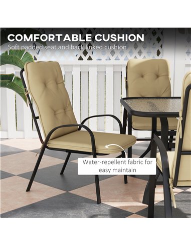 Outsunny 7 Piece Garden Dining Set, Outdoor Dining Table and 6 Cushioned Armchairs, Tempered Glass Top Table w/ Umbrella Hole, T