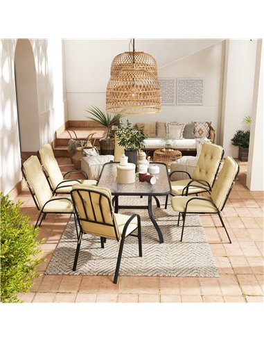 Outsunny 7 Piece Garden Dining Set, Outdoor Dining Table and 6 Cushioned Armchairs, Tempered Glass Top Table w/ Umbrella Hole, T