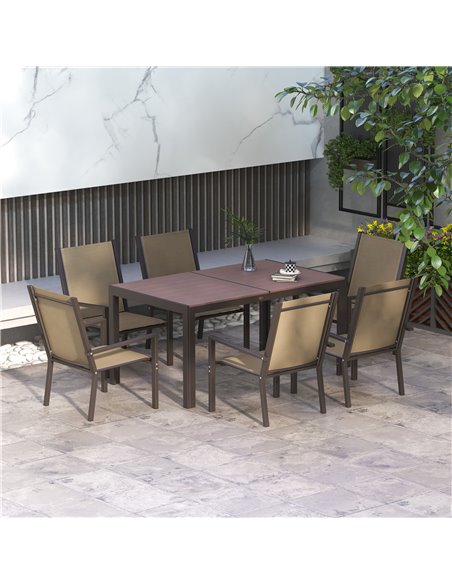Outsunny 7 Pieces Garden Dining Set with Wood-plastic Composite Dining Table, Outdoor Table and 6 Stackable Armchairs with Texte - pic 59660 | FastDaddyshop
