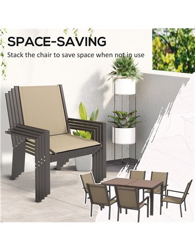 Outsunny 7 Pieces Garden Dining Set with Wood-plastic Composite Dining Table, Outdoor Table and 6 Stackable Armchairs with Texte